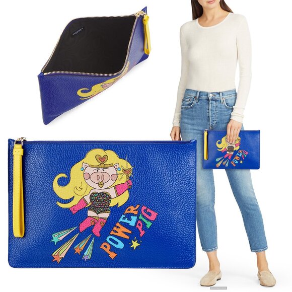 DOLCE & GABBANA BAG POWER PIG BLUE LEATHER POUCH w WRISTLET STRAP